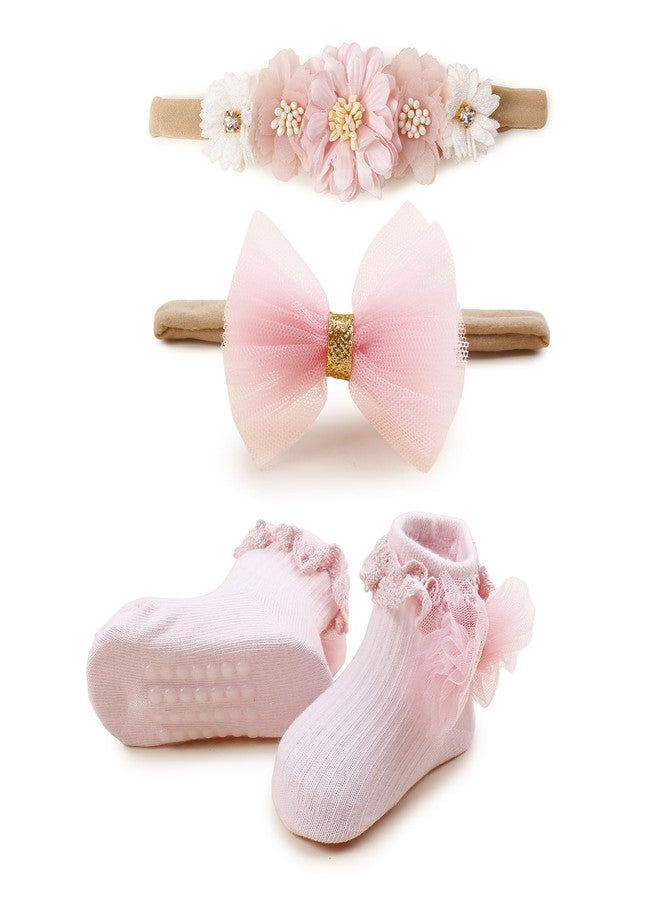mligril Baby Girls Headband & Socks Set, Cute Non Slip Cotton Socks with Flower Hair Bows Bowknot Style Baby Accessories Gifts for Newborn Infant Toddler - Image 1